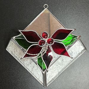 Stained Glass Holiday Christmas Poinsettia Hanging Mirror Pouch Glass Basket